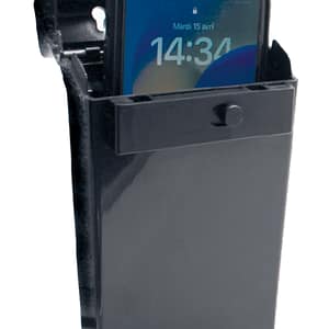 une photographie du boitier avec un téléphone portable à l'intérieur