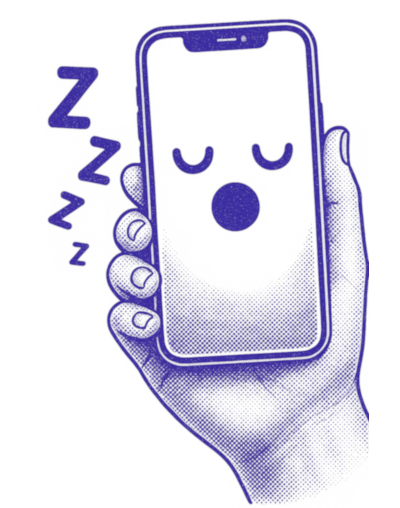 Illustration pour représenter l'application, dessin, couleur bleue représentant une main avec un smartphone qui dort